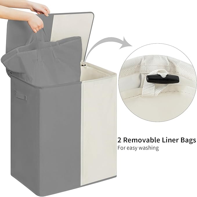 WOWLIVE Double Laundry Baseket with Lid and Removable Laundry Bags,154L Large Laundry Hamper 2 Section Collapsible Dirty Clothes Hamper for Laundry Room,College Dorm,Bathroom,Grey and Beige