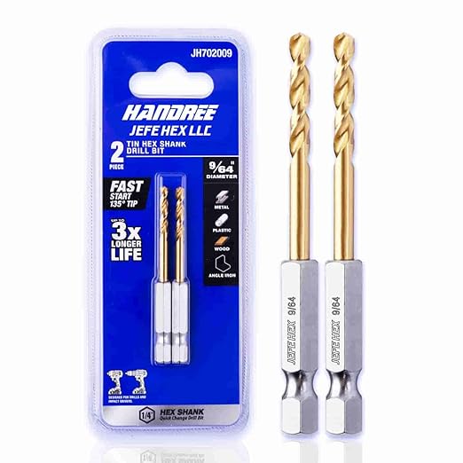 JEFE HEX 9/64" HSS Hex Shank Drill Bits, Titanium Coated Twist Power Tool Accessory. 135 Degree Split Point Drill for Plastics, Copper, Wood, Steel, Aluminum Alloy Cutting (Pack of 2)