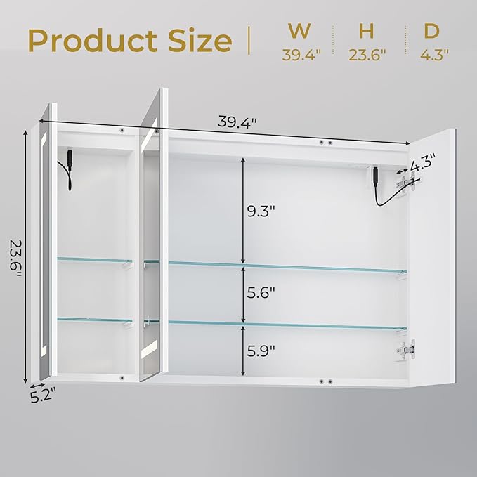 DICTAC Medicine Cabinet with Mirror and LED Light, Wall Mounted Bathroom Mirror with Storage, 2 Doors Bathroom Wall Cabinet, Memory Dimmable 3 Color Temp, Adjustable Shelves, 39.4''x23.6''
