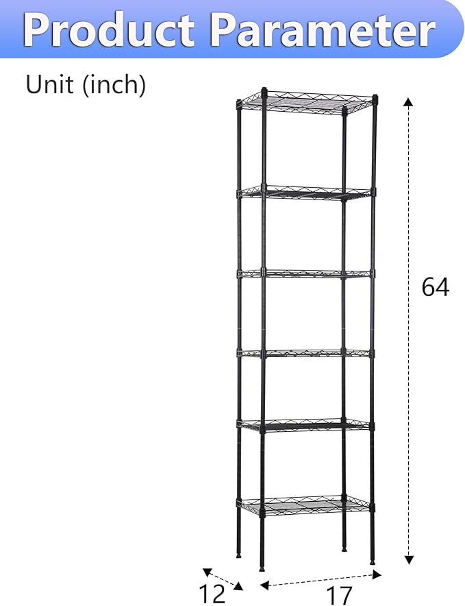 BestOffice | 6-Tier Wire Storage Shelves | 17x12x64 | Black | with Adjustable Racks | Heavy-Duty Metal Shelf, Holds Upto 600 lbs | No-Tool Assembly | Ideal for Home & Garage Shelving
