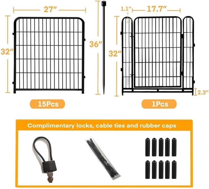 Garden Fences with Gate, 32 in(H)×27 in(L) 16 Panels Total 35.4 Ft(L), Garden Animal Barrier, Fence for Dogs Outside, Heavy Duty Iron Metal Animal Barrier Fence, Flower Bed Fencing
