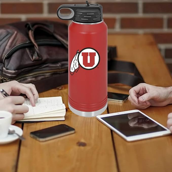 Game Day Outfitters Utah 32oz Stainless Steel Double Walled Red Beverage Bottle with Flip Straw Spout - College Gear for Playoff Season – For Office, Home or Auto – Show your Utes Pride