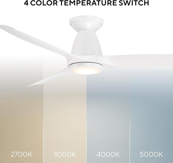 Skylark Indoor and Outdoor 3-Blade 54in Smart Flush Mount Ceiling Fan in Soft Brass Matte White Adjustable CCT 2700K-3000K-4000K-5000K LED Light Kit Remote Control works with Alexa, iOS or Android App