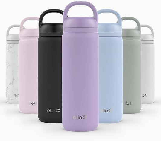 Ello Cooper Twist 22oz Stainless Steel Water Bottle with Chug Lid | Leak Proof Double Walled and Vacuum Insulated | Fits Car Cupholder | Built in Carry Loop | Dishwasher Safe | Lilac