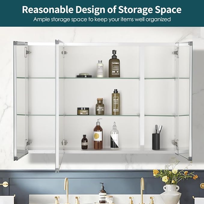 Movo Double Doors Medicine Cabinet with Mirror, 36 inch X 26 inch Aluminum Bathroom Medicine Cabinet, Adjustable Glass Shelves, Waterproof and Rust-Resist, Recess or Surface Mount Installation,Silver