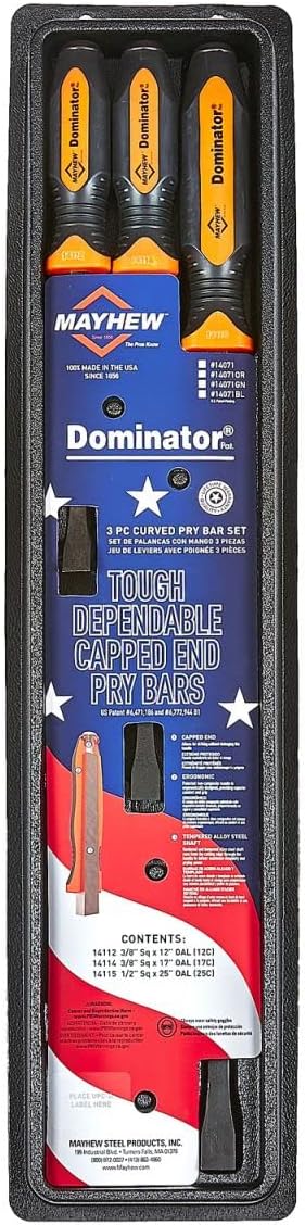 Mayhew Tools 14071OR Dominator Pro 3-Piece Pry Bar Set, 12", 17" & 25" Curved Pry Bars, Orange
