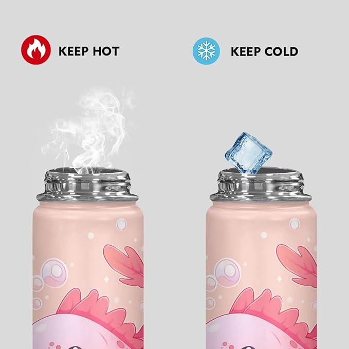 Pink Axolotl Stainless Steel Water Bottle with Handle 20 Oz Vacuum Stainless Steel Reusable Leak & Sweat Proof Gym Sports Travel Water Bottle