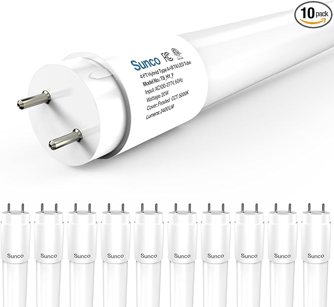 Sunco 10 Pack T8 LED Bulbs 4 Foot, 48 Inch Tube Light Bulbs Fluorescent Replacement, Single or Double Ended Hybrid Type A+B, 2400 LM, 20W, 5000K Daylight, Frosted Lens ETL