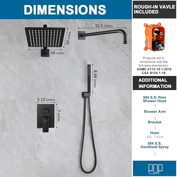 POP SANITARYWARE Matte Black Shower Faucet Set Rainfall 10 Inch Shower Head and Handle Set Bathroom Rain Shower System Wall Mounted Shower Fixture Include Shower Valve and Trim Kit
