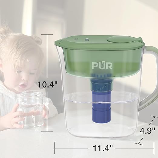 PUR Plus 11-Cup Water Filter Pitcher with 1 Lead-Reducing PUR Plus Filter, Dishwasher Safe, Powerful Filtration, Filter Change Indicator Light, Sage, PPT111M
