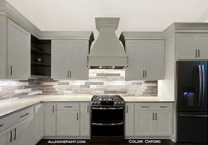 ALL-IN-ONE Paint, Durable cabinet and furniture paint. Built in primer and top coat, no sanding needed. Includes our 30 featured color card - Oxford (neutral gray), Gallon