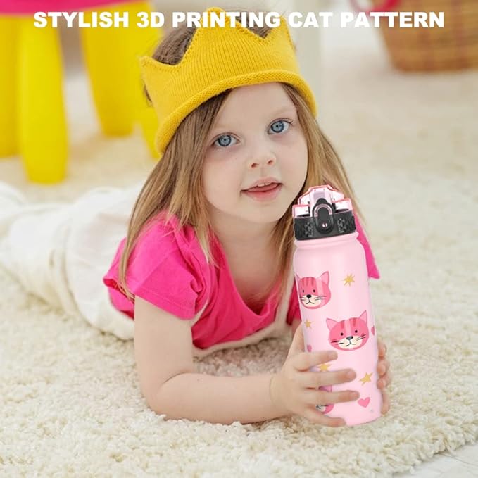 GOPPUS Kids Water Bottle with Straw Lid 20 oz Cat printing Double Walled Metal Insulated Stainless Steel Sports Water Bottles Leak Proof with Strap Handle for Boys Girls School(ink Cat 1 Lid)
