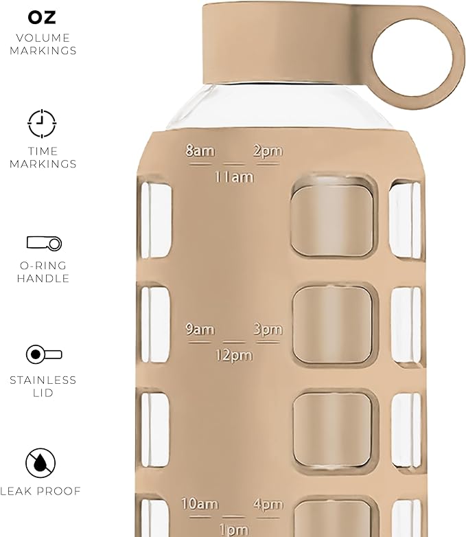purifyou Premium Glass Water Bottles, 40/32 / 22/12 oz Reusable Drinking Bottle with Time & Volume Markings Silicone Sleeve & Stainless Steel Lid for Water, Coffee, & Fruit Juice (22oz Iced Coffee)