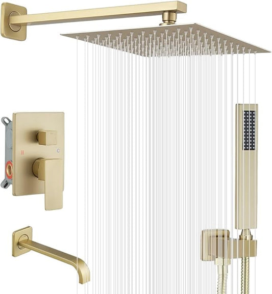 Brushed Gold Shower Faucet Set with Tub Spout Bathroom Rainfall 10 Inch Shower Head System with Handheld Single Handle Shower Trim Kit with Rough-in Valve