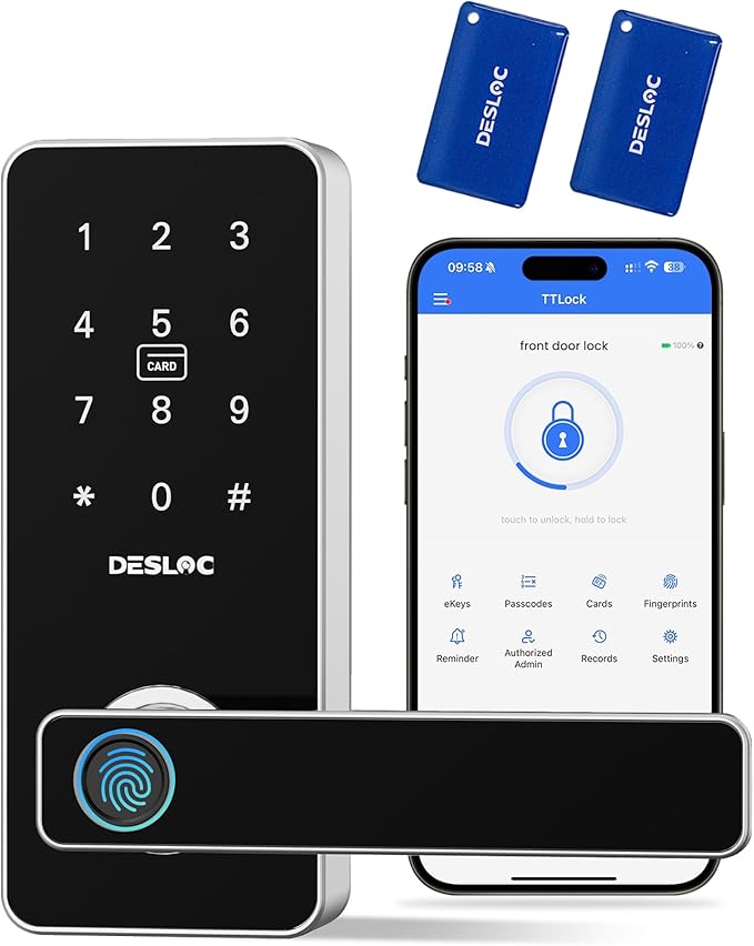 DESLOC B200L Fingerprint Smart Lock with Handle, Keyless Entry Door Locks, App Control, Touchscreen Keypad, 100 PIN Codes, Auto-Lock, 12-Month Battery, Emergency Power Port, IP54 Silver