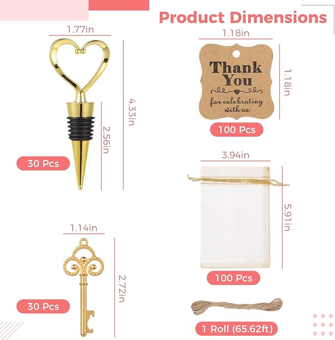 Gold Stainless Steel Love Design Wine Bottle Stoppers, Including 30 Wine Stoppers, 30 Wine Openers, 100 Tags, 100 Organza Bags, 1 Roll of Ropes, Wedding Bridal Shower Favors, Party Souvenir Gifts