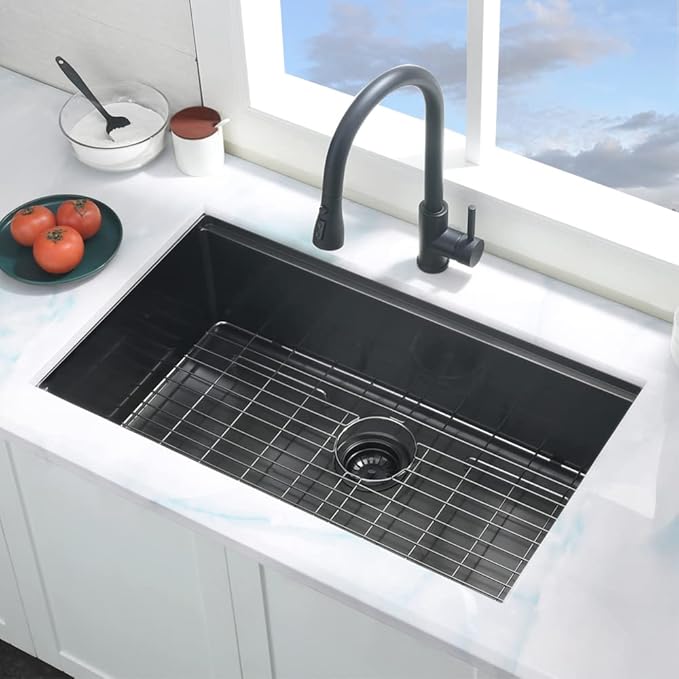 27 inch Undermount Kitchen Sink Workstation 16 Gauge Black Stainless Steel Kitchen Sink Single Bowl Deep Basin