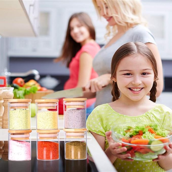 Spice Jar Set,2.5oz 20 Piece Glass Jar with Bamboo Airtight Lids and Labels, Mini Clear Food Storage Containers for pantry, kitchen canisters for Tea, Herbs, Sugar, Salt, Coffee