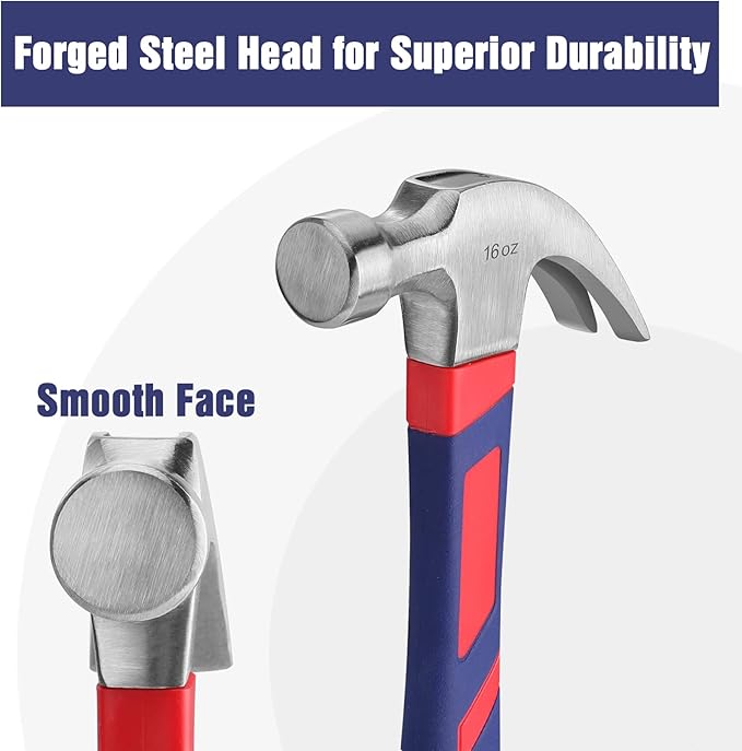 WORKPRO 2-Piece Claw Hammer Set, 8 oz Mini Stubby & 16 oz Fiberglass General Purpose, Soft Nonslip Handle & Heat Treated Head