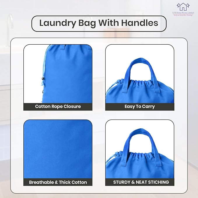 LFH Home Cotton Canvas Large Laundry Bag with Handle, Heavy Duty Drawstring Closure Washable Laundry Bags, School Travel, Home, Hotel, College Dorm, Organizer Sack, Toys Clothes 28x36-Sky Blue
