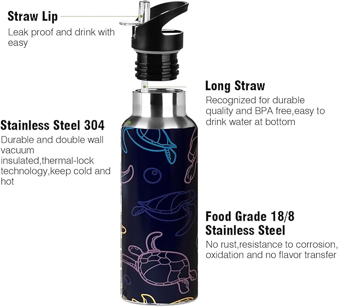 Cute Sea Turtle Sport Water Bottle with Straw, Vacuum Insulated Stainless Steel Thermal Drinking Travel Mug Cups For Gym Fitness Camping-20oz/600ml, Clear