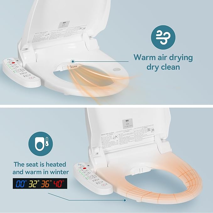 YOURLITE Bidet Toilet Seat Electric Warm Water Bidet with Warm Air Drying, Heated Seat with Self-cleaning Nozzle Temperature Adjustable White Toilet Seat
