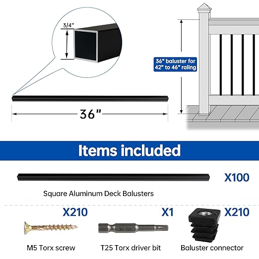 Muzata 100Pack 36" x3/4" Aluminum Deck Balusters Square Baluster Deck Railing Black Hollow Spindles with Screws for Railing Fencing Porch WT13