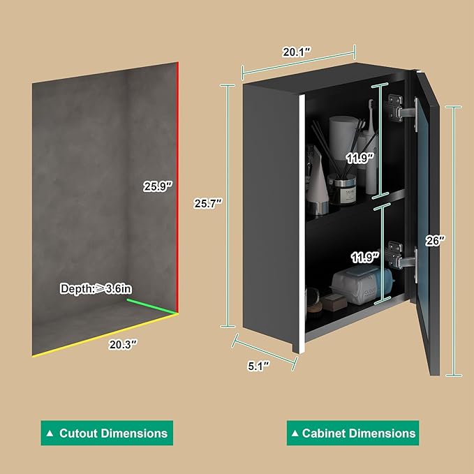 20x26 Inch Medicine Cabinet with LED Light Mirror, Brightneess Adjustable and Full-Assembled Bathroom Aluminum Cabinet with Storage, Surface or Recessed Tempered Cabinet, Farmhouse Black