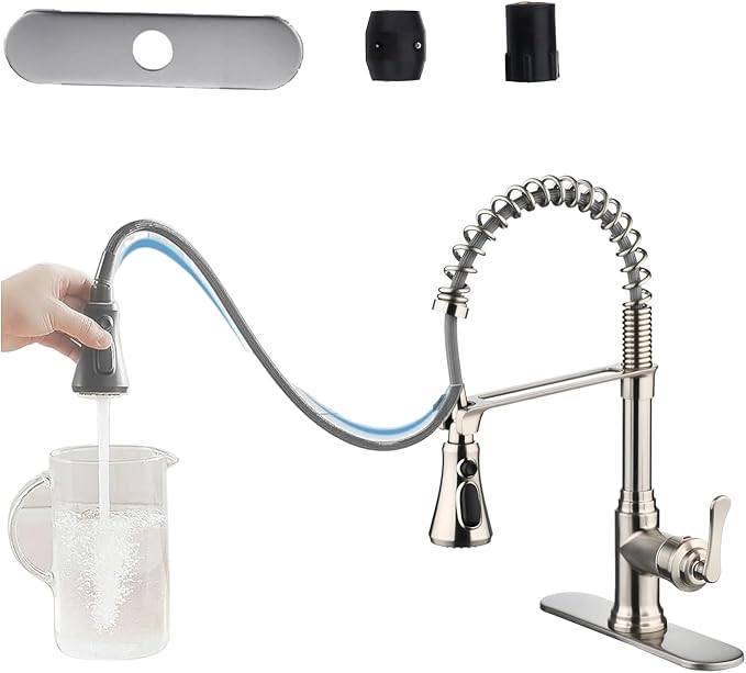 Kitchen Sink Faucet with Pull Down Sprayer,Brushed Nickel Kitchen Faucet Spring Gooseneck Faucet Pull Out,Single Handle High Arc Kitchen Sink Faucet for Farmhouse Camper Utility Rv Wet Bar