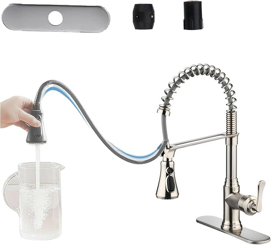 Kitchen Sink Faucet with Pull Down Sprayer,Brushed Nickel Kitchen Faucet Spring Gooseneck Faucet Pull Out,Single Handle High Arc Kitchen Sink Faucet for Farmhouse Camper Utility Rv Wet Bar