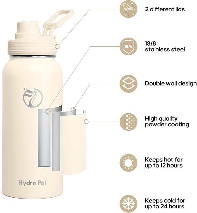 Insulated Water Bottles 32 oz with 2 Leak Proof Lids & Water Bottle Holder, Wide Mouth Sport Water Bottle with Straw, Reusable Stainless Steel Water Flask, Double Walled Vacuum Thermos