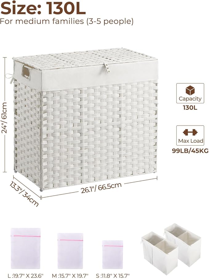 Greenstell Laundry Hamper with lid, No Install Needed, 130L Wicker Laundry Baskets Foldable 2 Removable Liner Bags, 2 Section Clothes Hamper Handwoven Rattan Laundry Basket with Handles, White