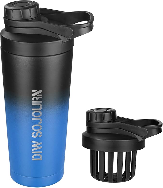 24 oz Shaker Bottle,Stainless Steel Shaker Bottle with Noise-Free Design,Insulated Metal Shakers Bottles Cup for Protein Mixes and Pre Workout,Gym Shaker Bottle (Black&Blue)