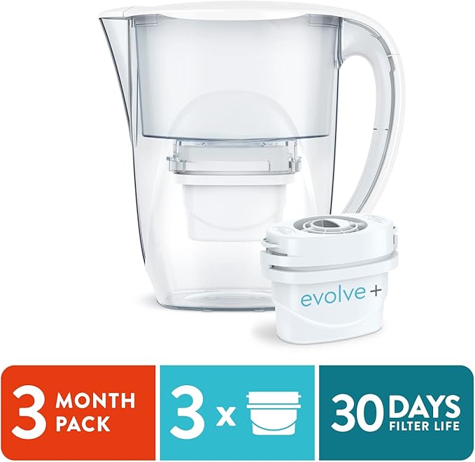 Aqua Optima 6-Cup Water Filter Pitcher Bundle Pack for Tap and Drinking Water with 3 Evolve+ Filter, Reduces Microplastics, Improves Taste, BPA Free, WQA Certified, Oria Design (White)