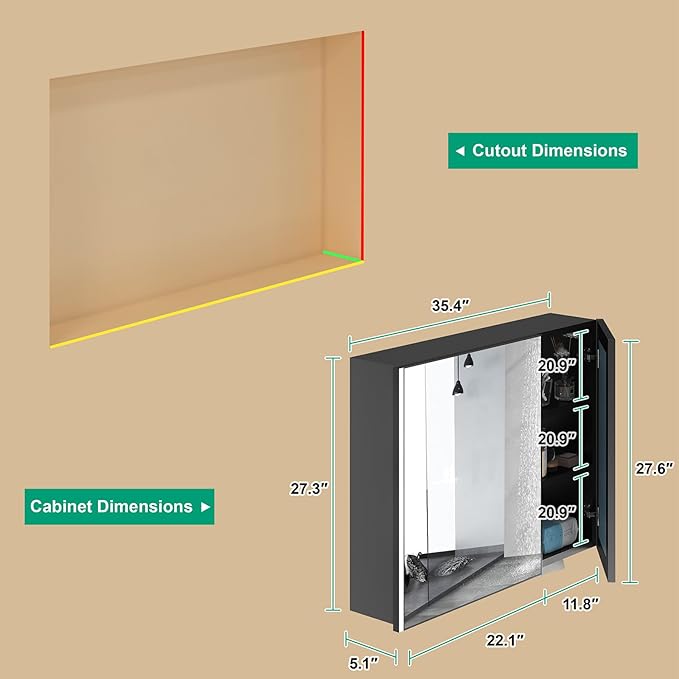 36x28 Medicine Cabinet with Light, AL Alloy Frame, Full-Assembled Bathroom Mirror Cabinet with Brightness Adjustable and Storage, Led Medicine Cabinet Mirrored with Recessed or Wall Mount, Black