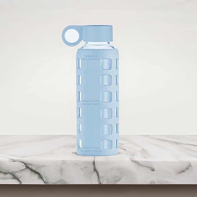 purifyou Premium 40/32 / 22/12 oz Glass Water Bottles with Volume & Times to Drink, Silicone Sleeve & Stainless Steel Lid Insert, Reusable Bottle for Fridge Water, Milk, Juice (12oz Ice Blue)