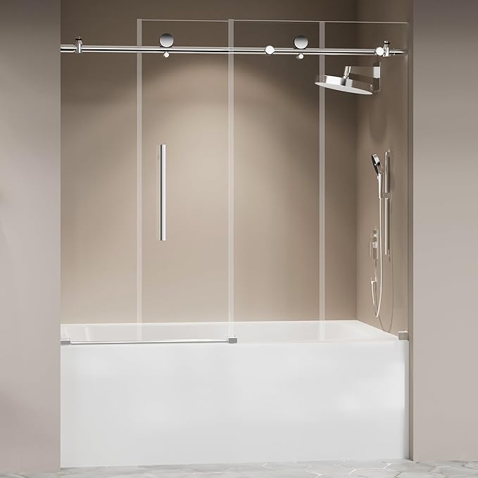 Frameless Tub Shower Door 56"-60" W X 59" H,Shower Doors for Bathtub,Sliding Door with 5/16" (8mm) Clear Tempered Glass,Silent Soft-Close Design,Stainless Steel Hardware,Sturdy Bathroom Door,Silver