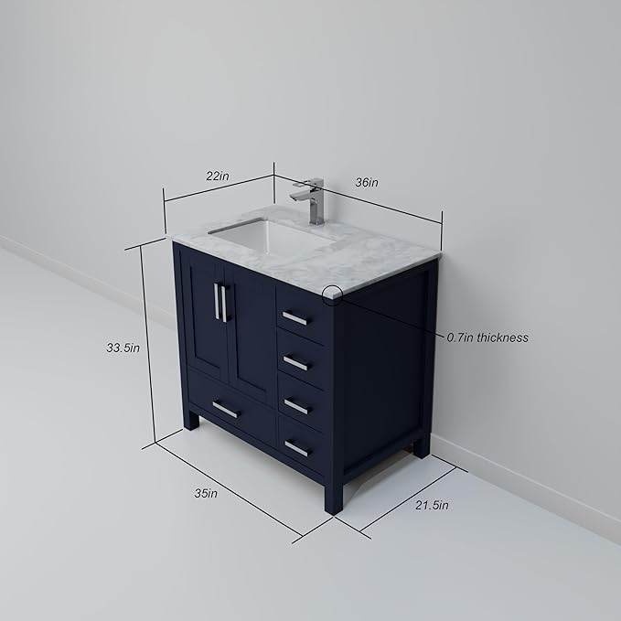 Big Sur 36 in. W x 22 in. D Left Offset Navy Blue Bath Vanity and Carrara Marble Top