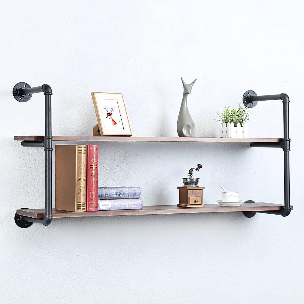 Industrial Pipe Shelving Wall Mounted,48in Rustic Metal Floating Shelves,Steampunk Real Wood Book Shelves,Wall Shelf Unit Bookshelf Hanging Wall Shelves,Farmhouse Kitchen Bar Shelving(2 Tier)