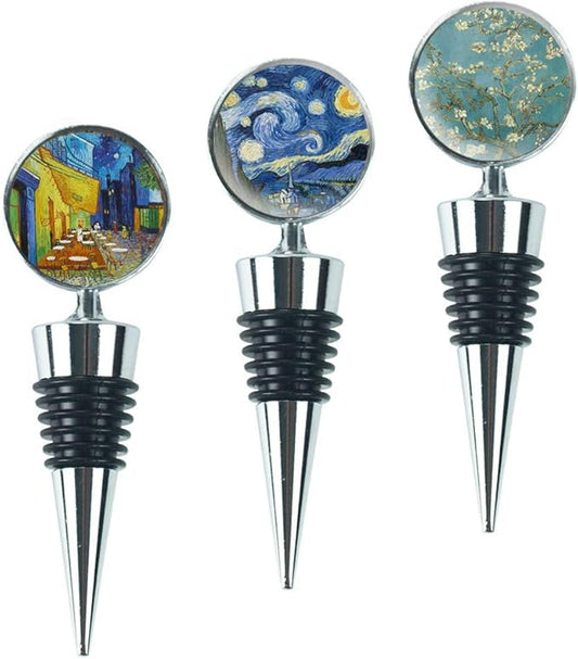 LIZIMANDU Wine Bottle Stoppers,Set of 3 Stainless Steel Wine Stoppers For Gifts, Bar, Holiday Party, Wedding(3-Van Gogh)
