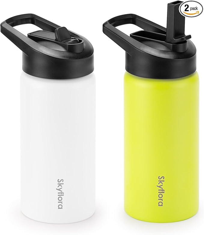 Kids Water Bottle with Straw 2 Pack, 16oz Water Bottles Bulk, Single Wall 18/8 Stainless Steel, Dishwasher Safe & Leakproof, Reusable Gift for Girls Boys to School Sports Travel Camping, White & Lemon