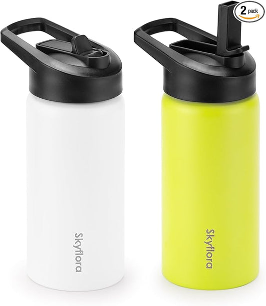 Kids Water Bottle with Straw 2 Pack, 16oz Water Bottles Bulk, Single Wall 18/8 Stainless Steel, Dishwasher Safe & Leakproof, Reusable Gift for Girls Boys to School Sports Travel Camping, White & Lemon