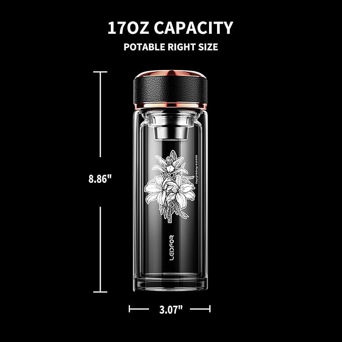 Tea Infuser Bottle - BPA Free Double Wall Glass Travel Tea Mug With Stainless Steel Filter - Leakproof Tea Tumbler with Strainer for Loose Leaf Tea and Fruit Water 17 oz Lily