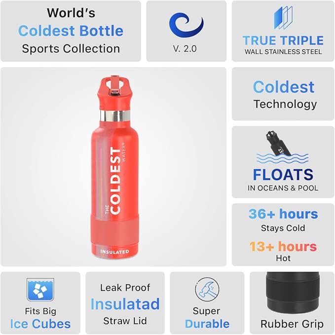 Coldest Water Bottle with Standard Mouth Straw Lid Metal Thermos Vacuum Insulated Stainless Steel l Reusable Leak Proof Cupholder Flask (21 oz, Crimson Red)