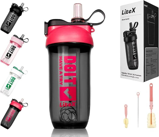 Litex Shaker Bottles for Protein Shakes, 26oz Blender Shaker Bottle for Pre-Workout,Shaker Cups with Straw, BPA-free Tritan Mixer Bottles for Protein Powder,with Cup Brush and Instructions (Rose red)