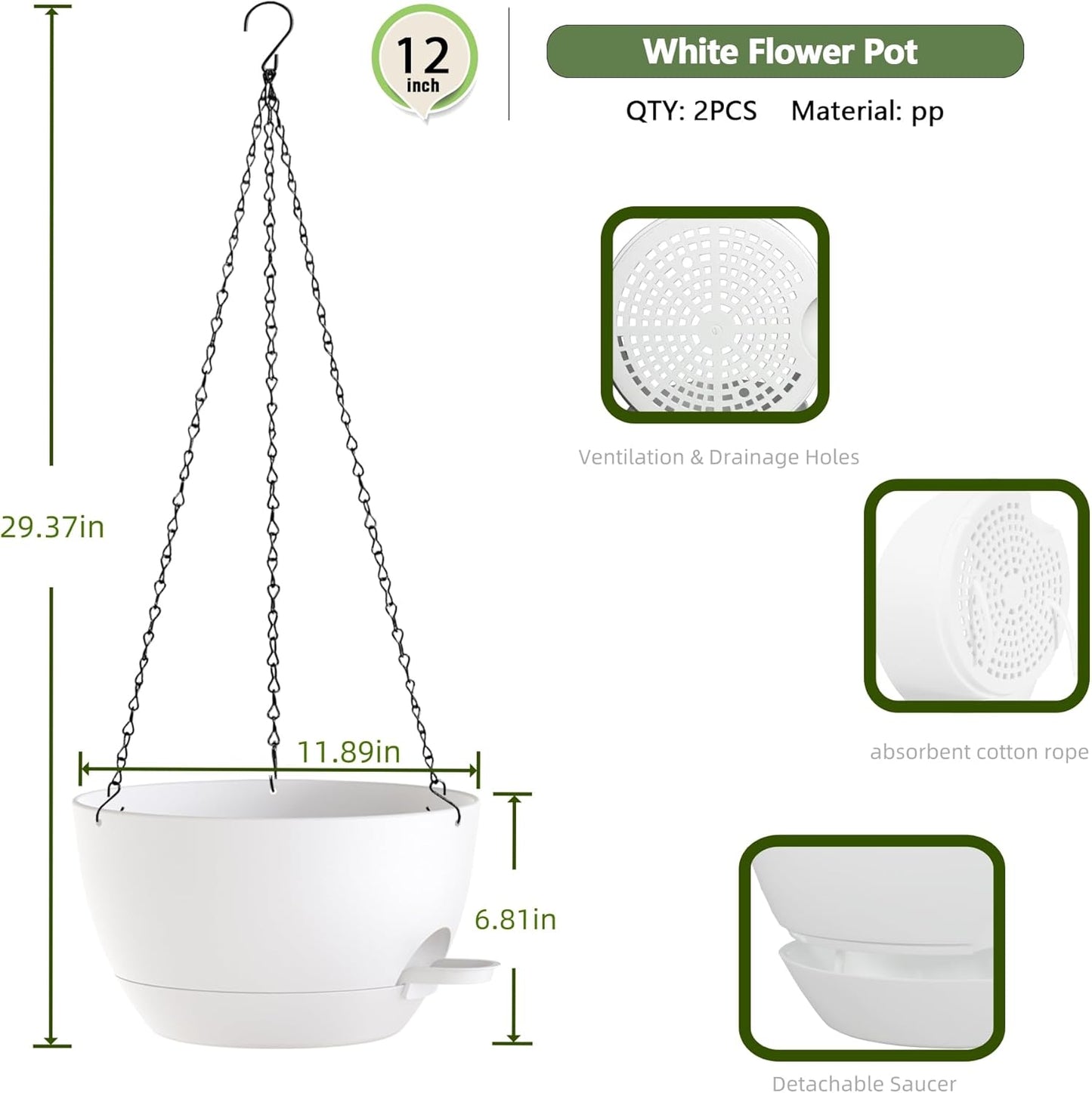 12 Inch Hanging Baskets 2 PC with Chains, Self-Watering Hanging Planters for Indoor Outdoor Plants, Plastic Hanging Flower Pots,White