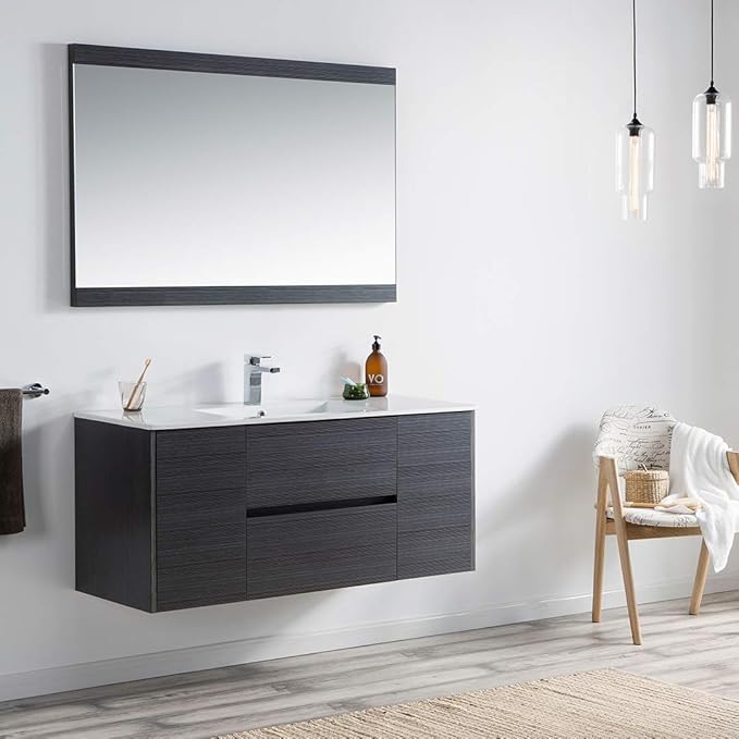Blossom Single Bathroom Vanity with Ceramic Sink and Mirror | All Wood Floating Vanity Cabinet | 2 Doors and Soft-Closing U-Shaped Cutout Drawers| 48" w/Ceramic Sink and Mirror, Silver Grey