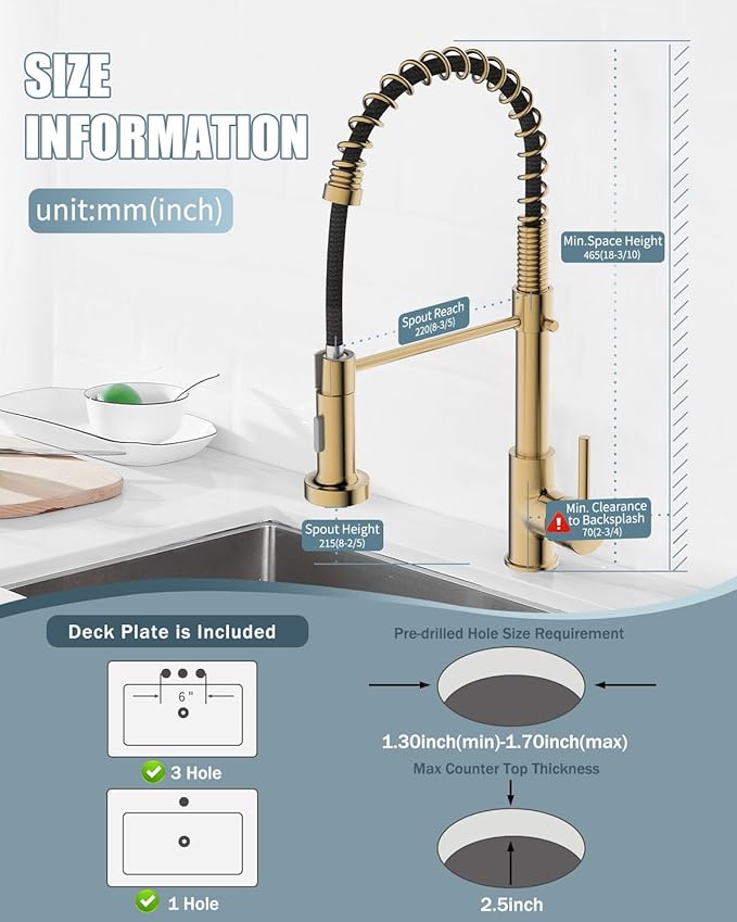 Kitchen Faucet, KF-GB-5001, Brushed Gold, Solid Brass, Single Handle, RV Sink Faucet with Pull Down Sprayer