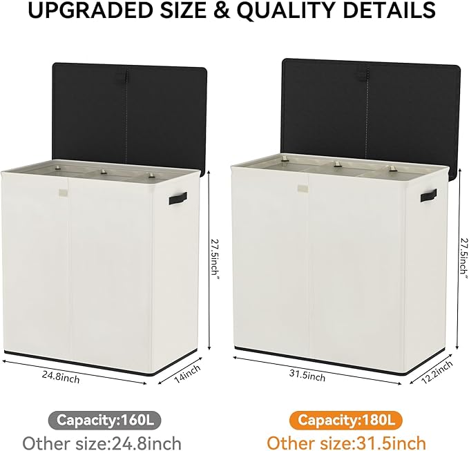 WOWLIVE Laundry Hamper with Lid,180L Large Laundry Basket 3 Section with Removable Washing Bags,Collapsible Waterproof Dirty Clothes Hamper for Laundry Room Bathroom Dorm,Beige