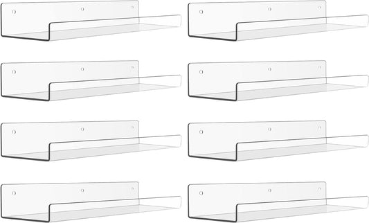 upsimples 8 Pack Acrylic Shelves Wall Organizer and Storage, 15" Display Shelf for Figure, Toy Cars, Perfume, Kids Bookshelf for Bedroom, Nursery, Craft Room, Clear